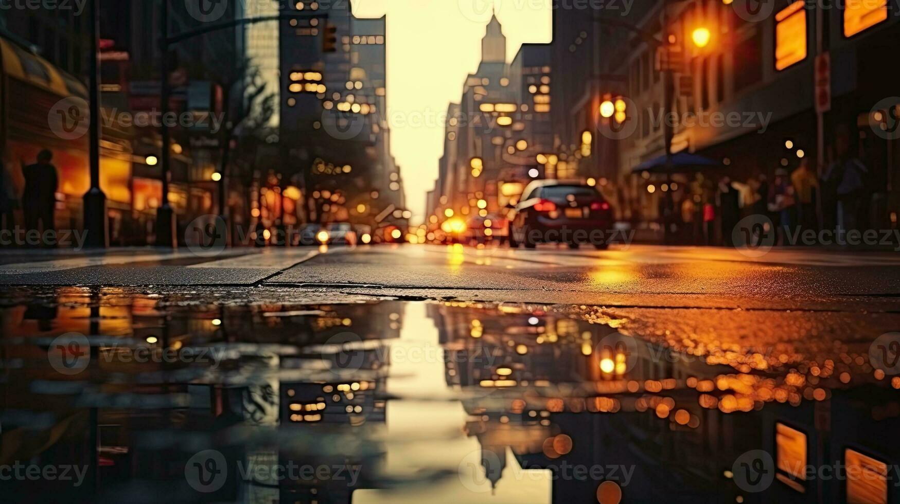 Urban backdrop with illuminated and shaded elements NYC roads gleaming from rain with images reflected on damp pavement photo