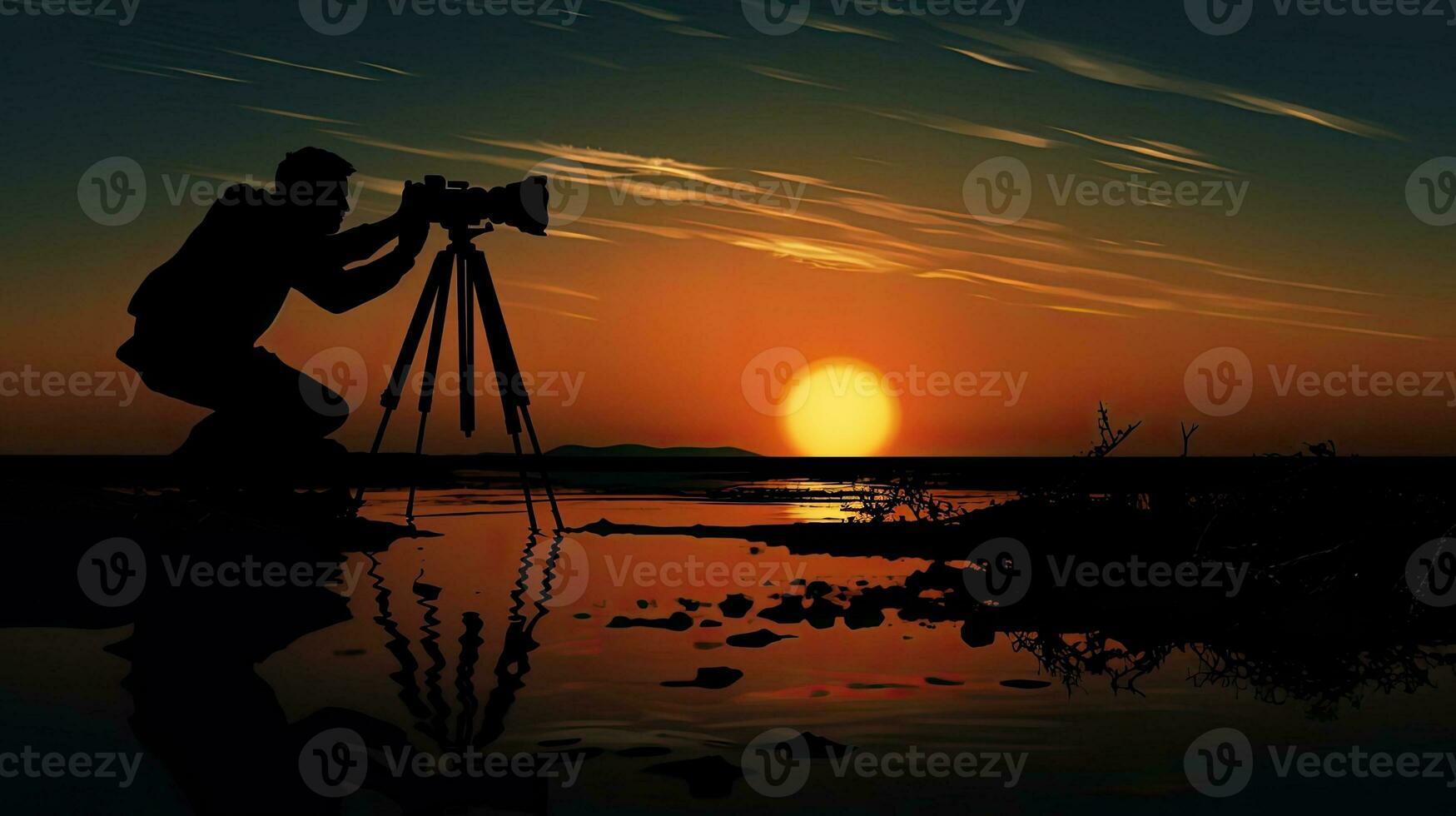 A photographer using a camera and tripod to capture silhouettes photo