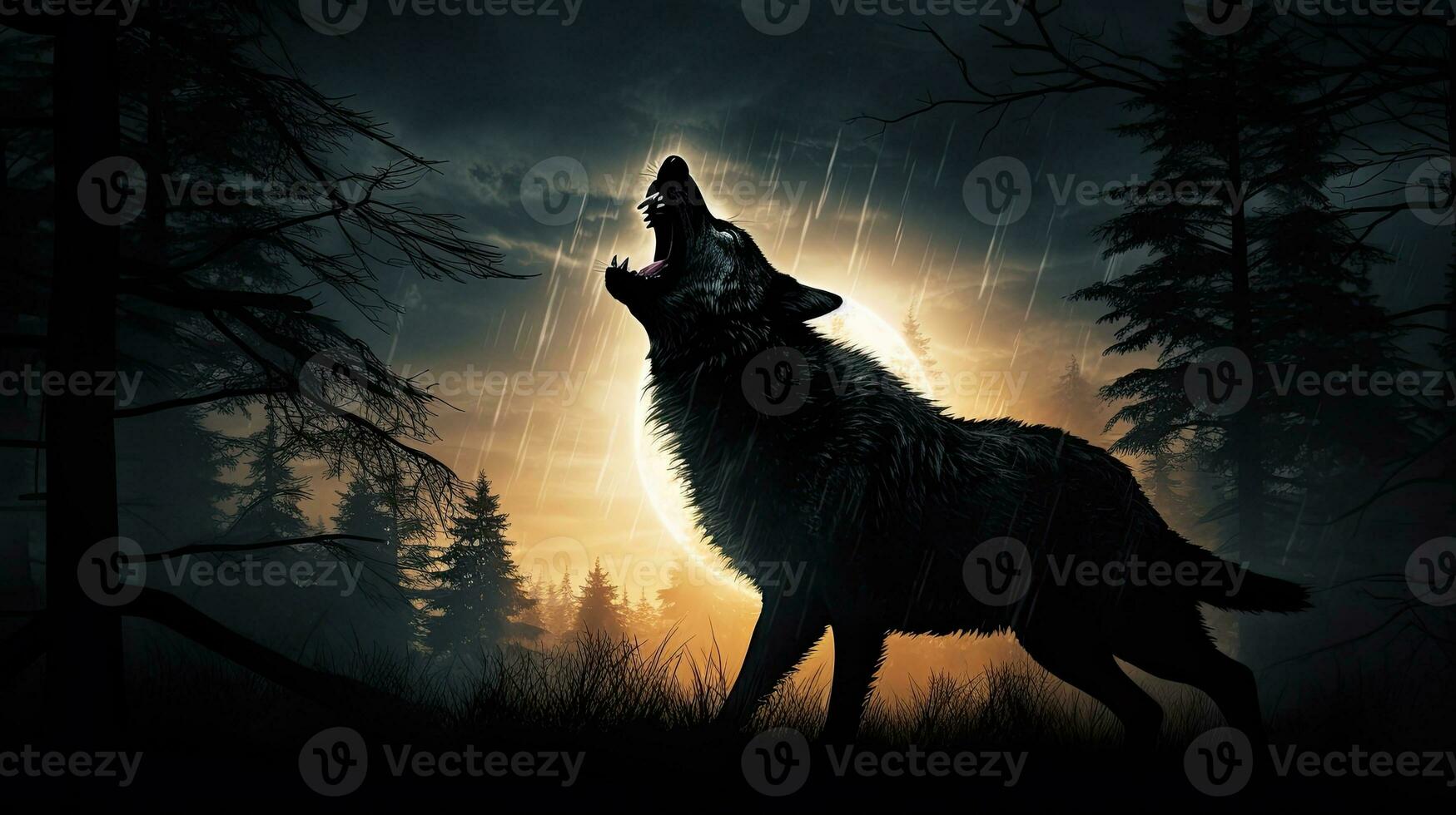 artístico decoración presentando selectivo atención en un silueta de un lobo clamoroso en contra un de luna cielo y estéril bosque foto