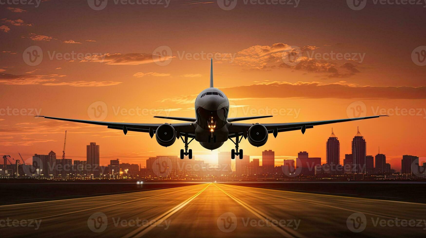 Airplane passengers arrive at airport runway during a stunning sunset with city silhouette in the background photo