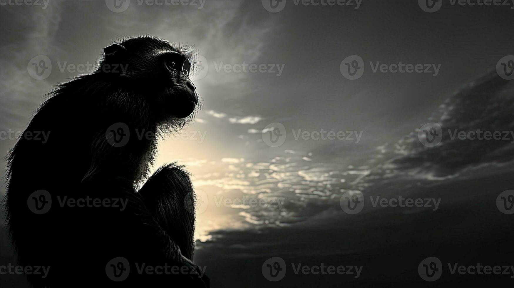 Black and white silhouette of a monkey at sunset photo