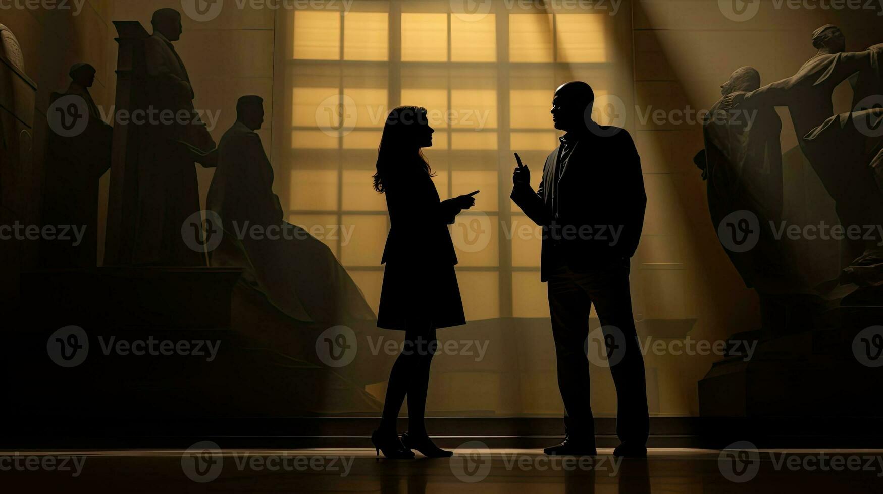 A conversation between two individuals within a museum photo
