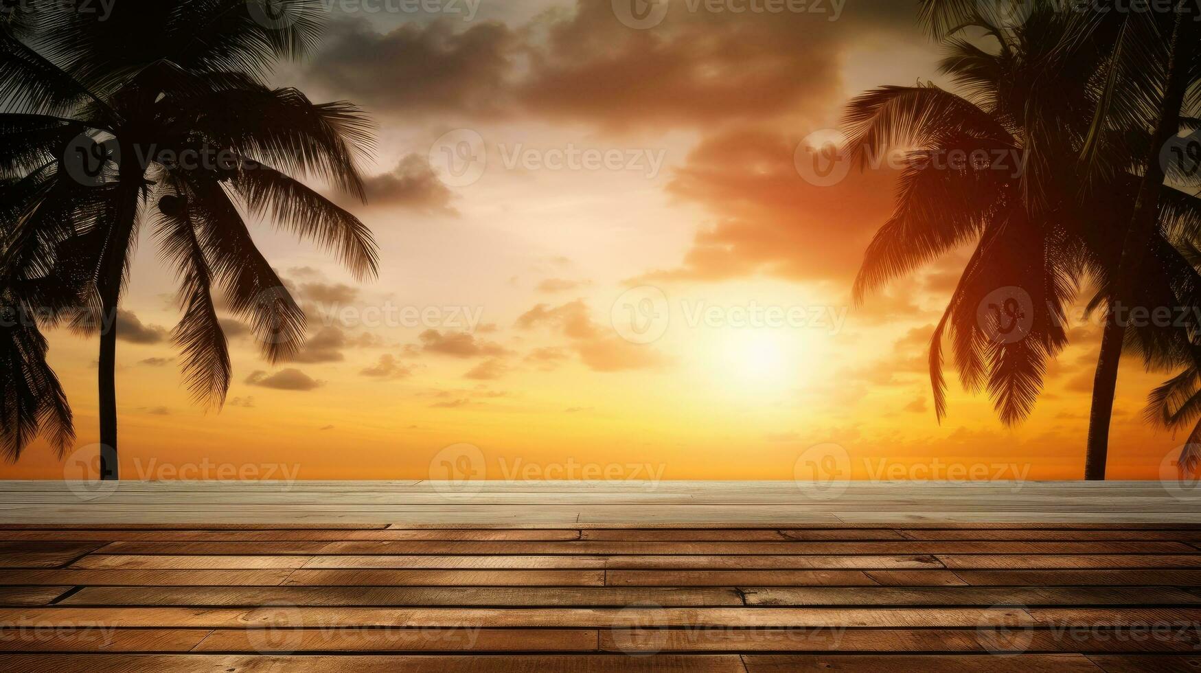 Wooden table against glowing sky with silhouette of coconut tree photo