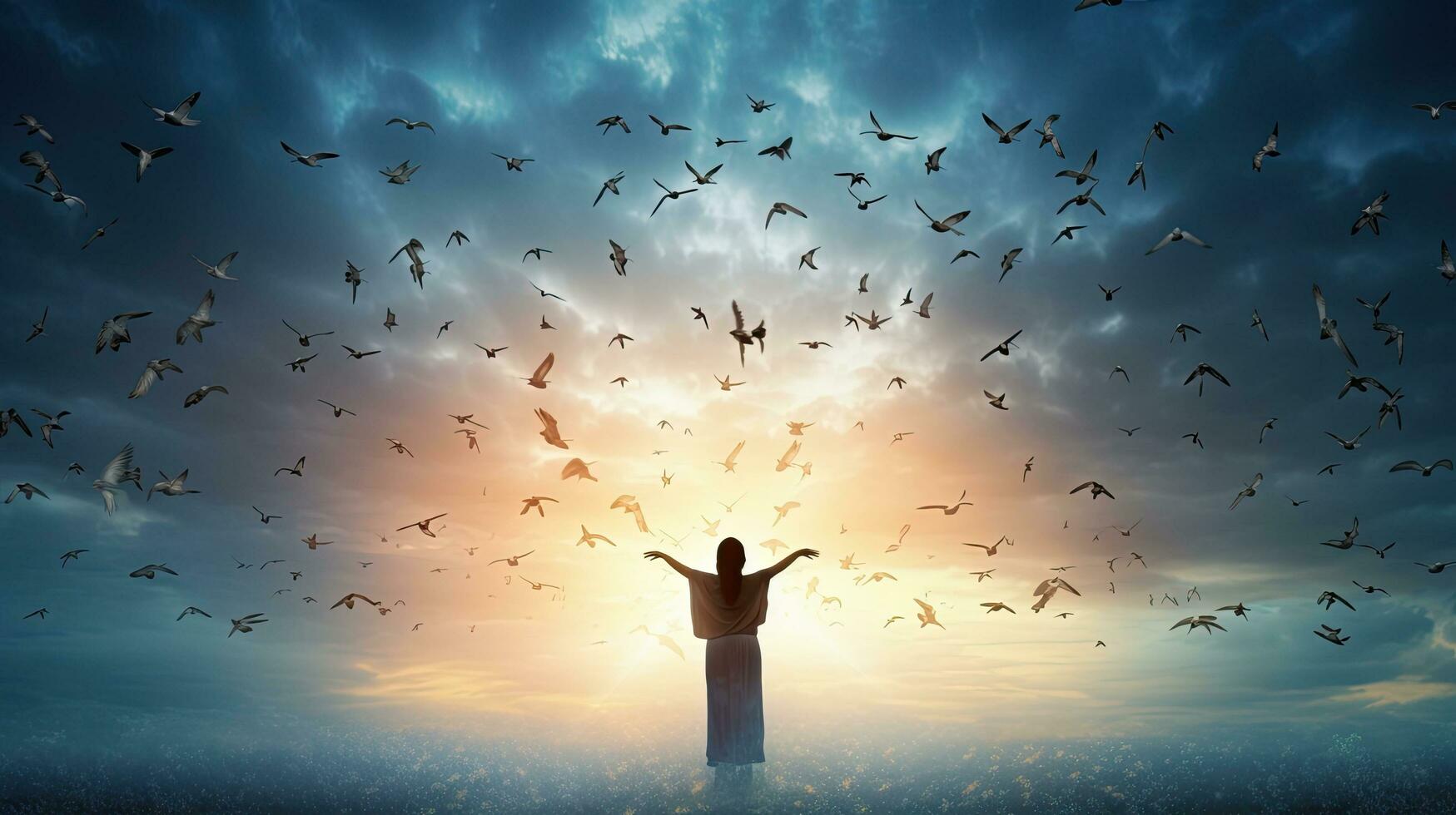 Woman standing alone with birds flying against heavenly backdrop on International Human Rights Day photo