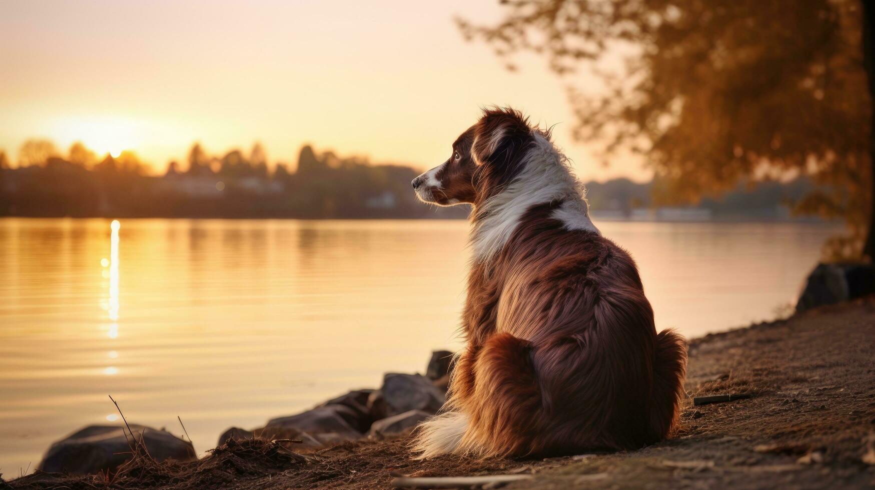 Australian Shepherd dog on the river promenade photo