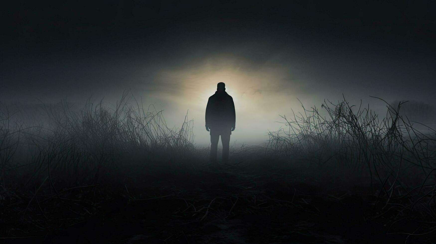 Mysterious figure standing in foggy landscape photo