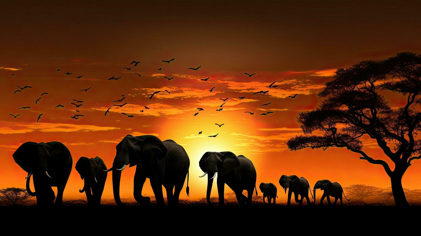 Silhouetted African wild animals at sunset photo