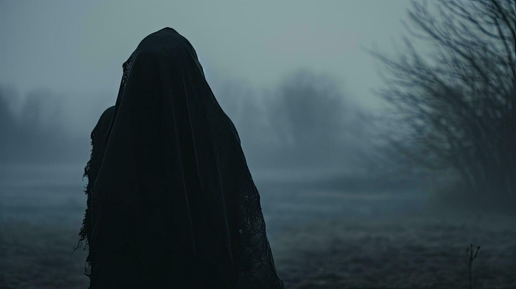 A figure with a hood facing away from the camera peering through mist on a cold countryside winter day photo