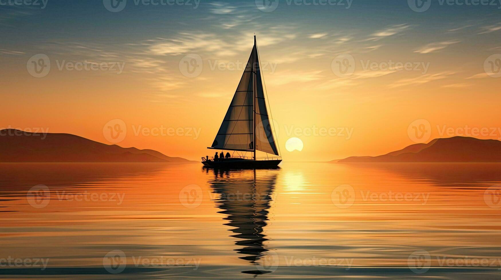 Sunset reflection of a sailing boat in water photo