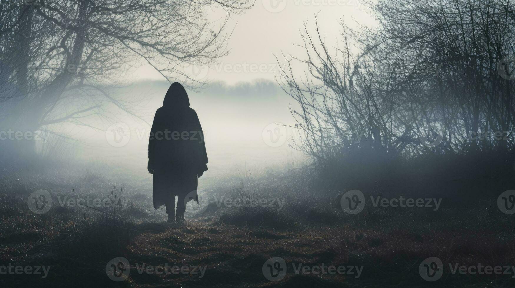 un figura con un capucha frente a lejos desde el cámara mirando mediante niebla en un frío campo invierno día foto