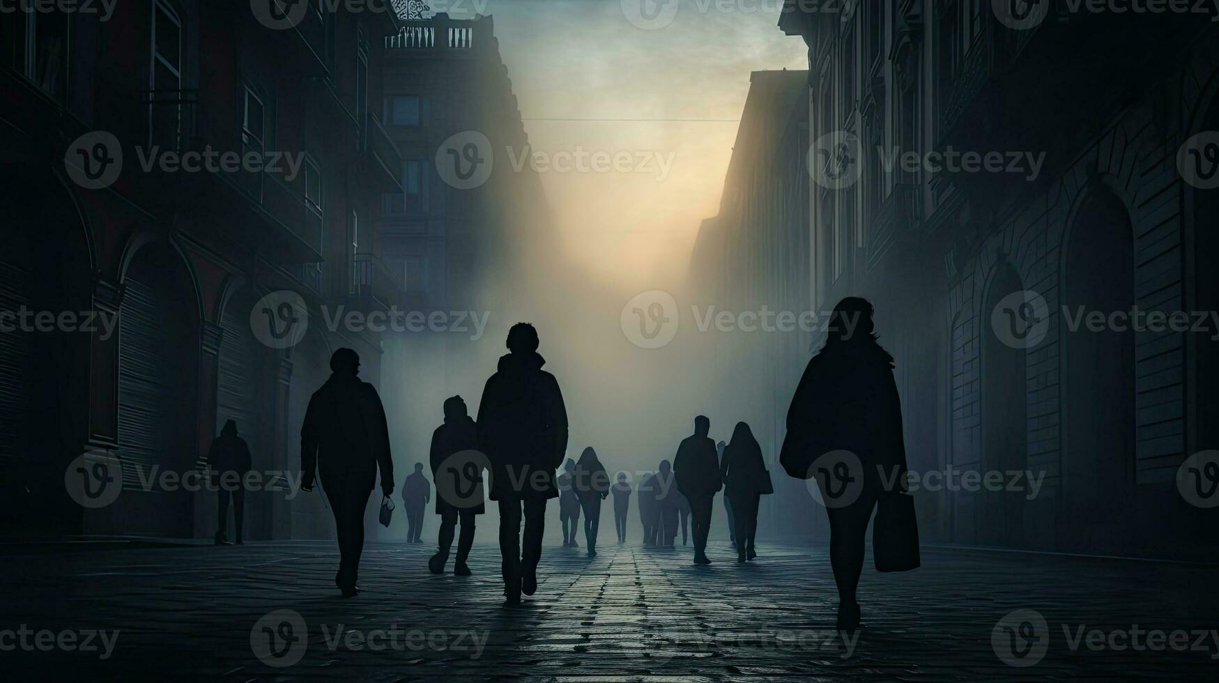 Foggy Bilbao streets with people walking in Spain photo