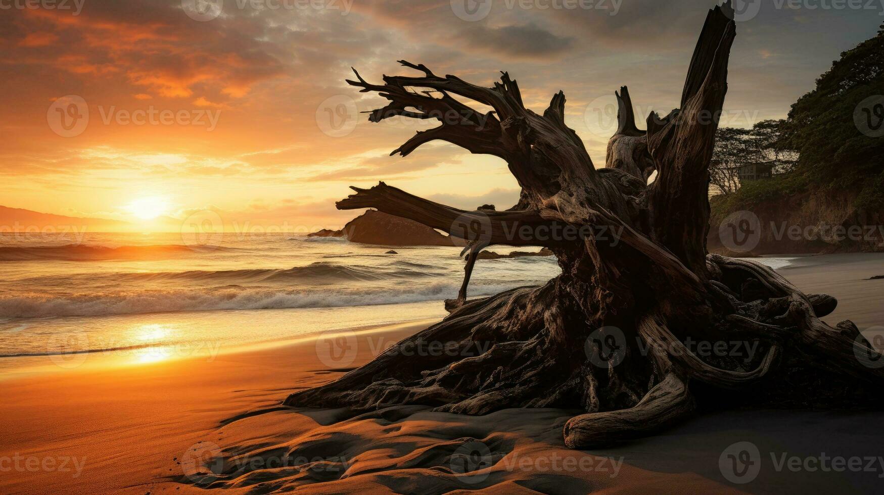 Outline of ancient tree branch extending against sky on Costa Rican shoreline photo