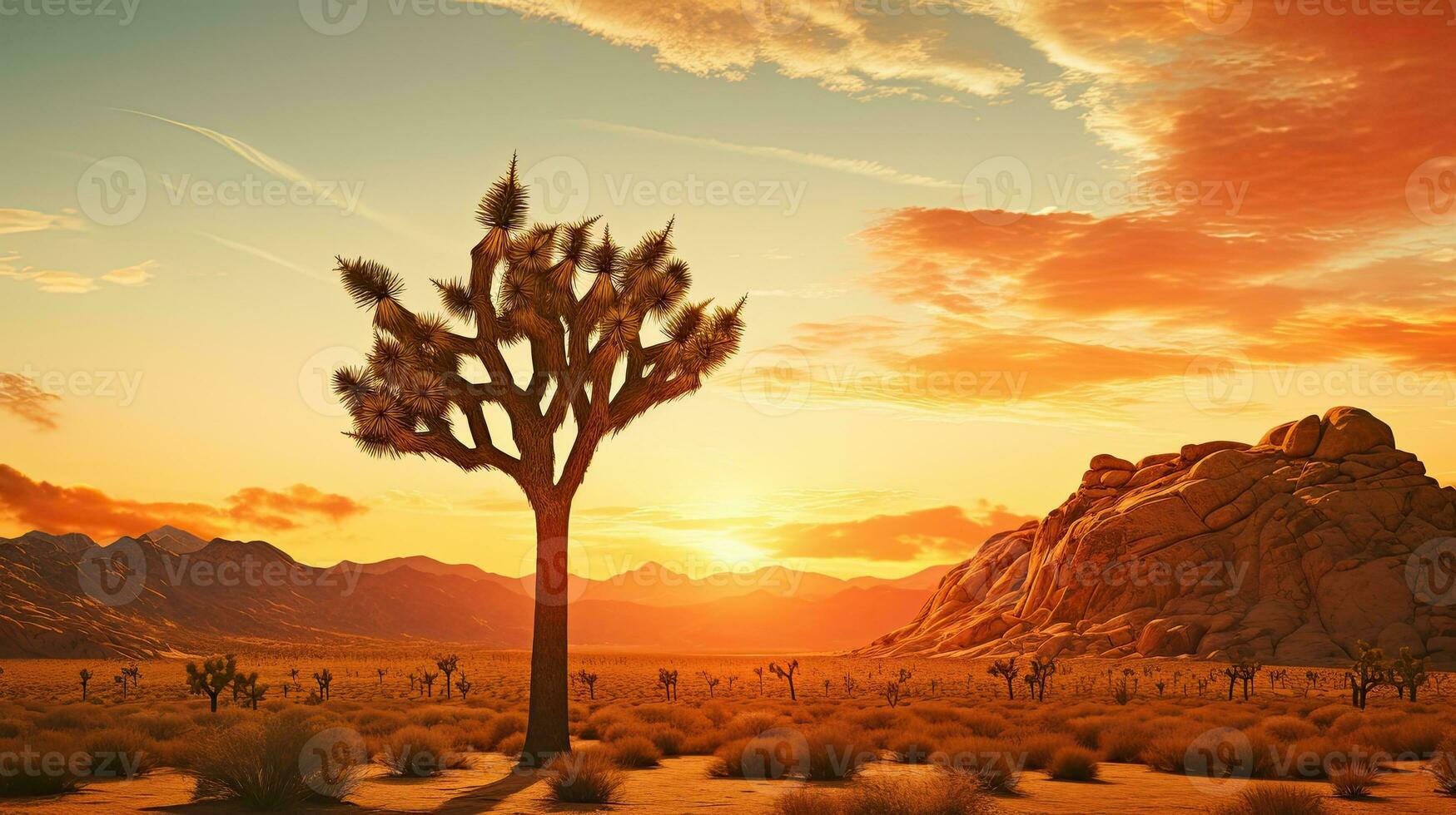 Yucca tree silhouetted against mountains at sunset in Joshua Tree national park photo