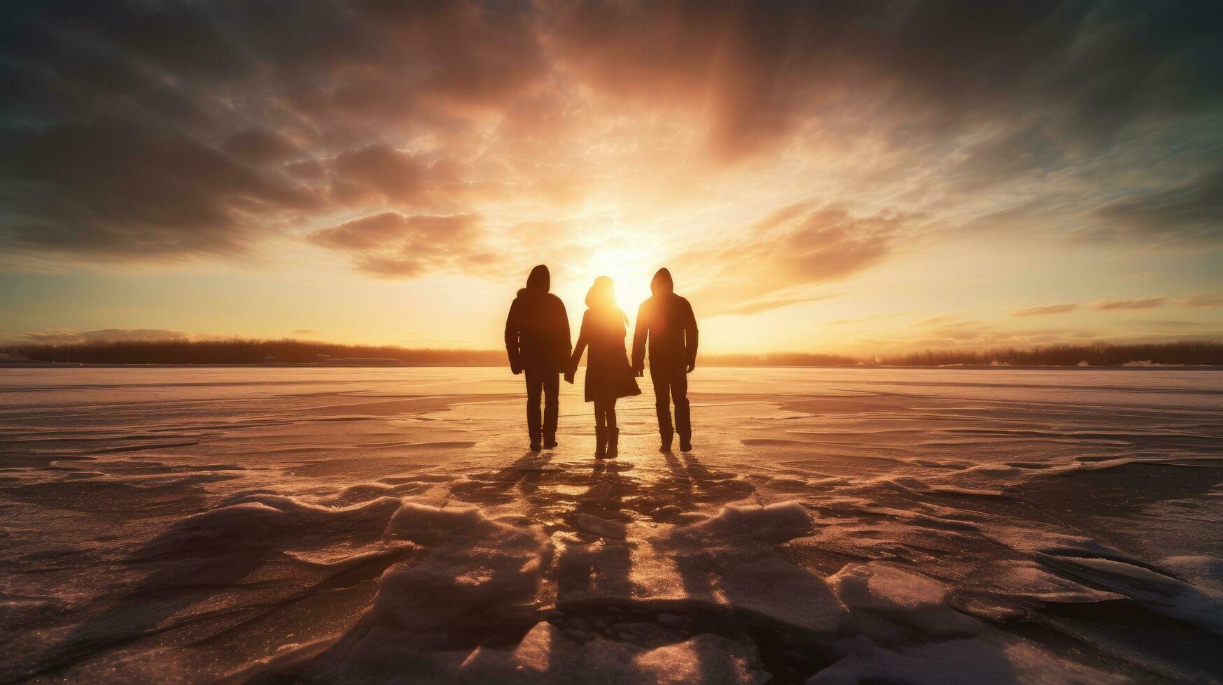 Three people against a frozen lake sky and sun photo