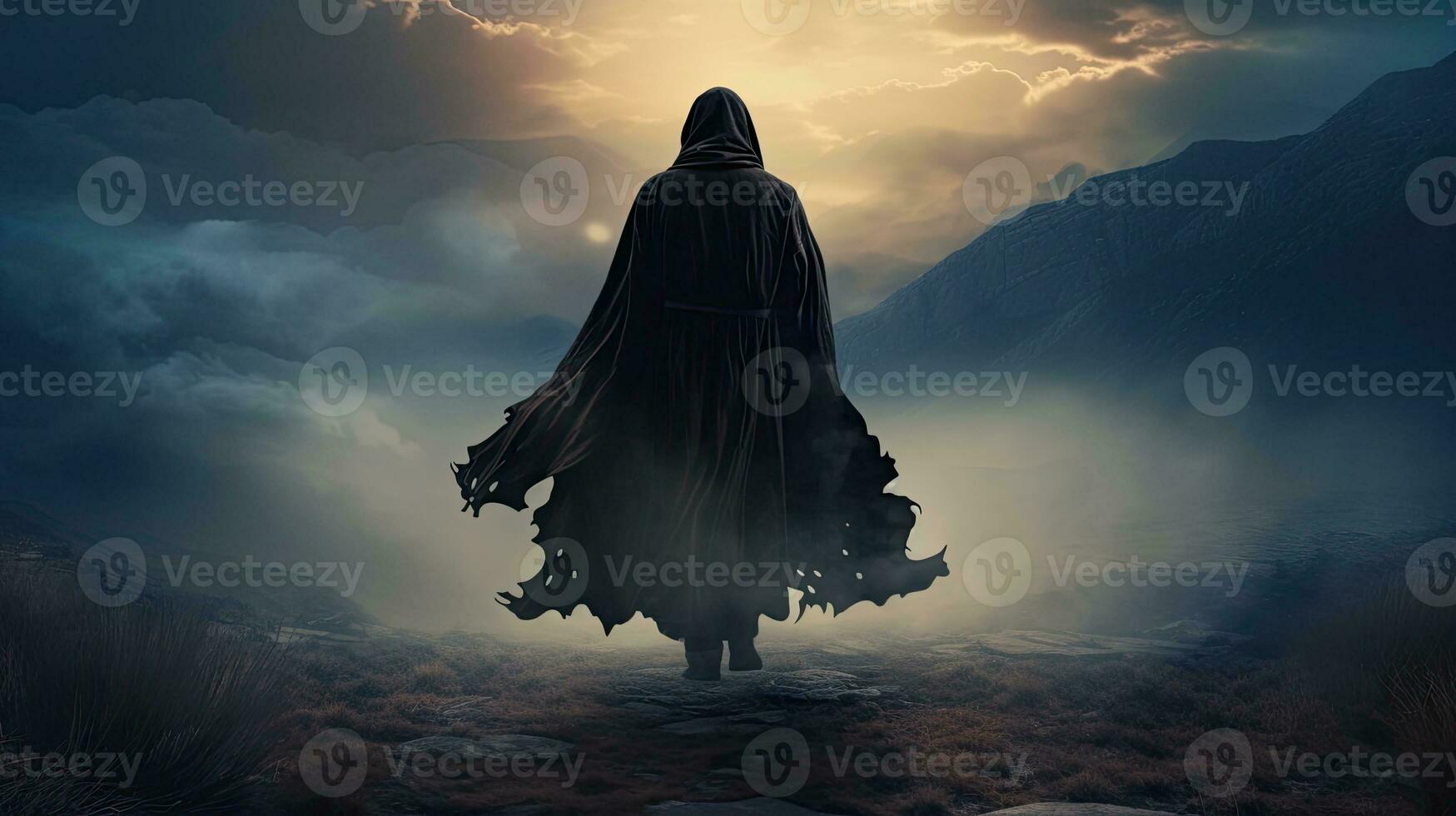 Silhouette of a medieval traveler standing on a mountain wearing a hooded cloak photo