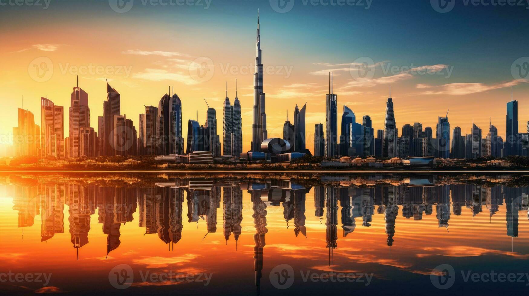 Dubai city buildings profile at sunset in the United Arab Emirates photo