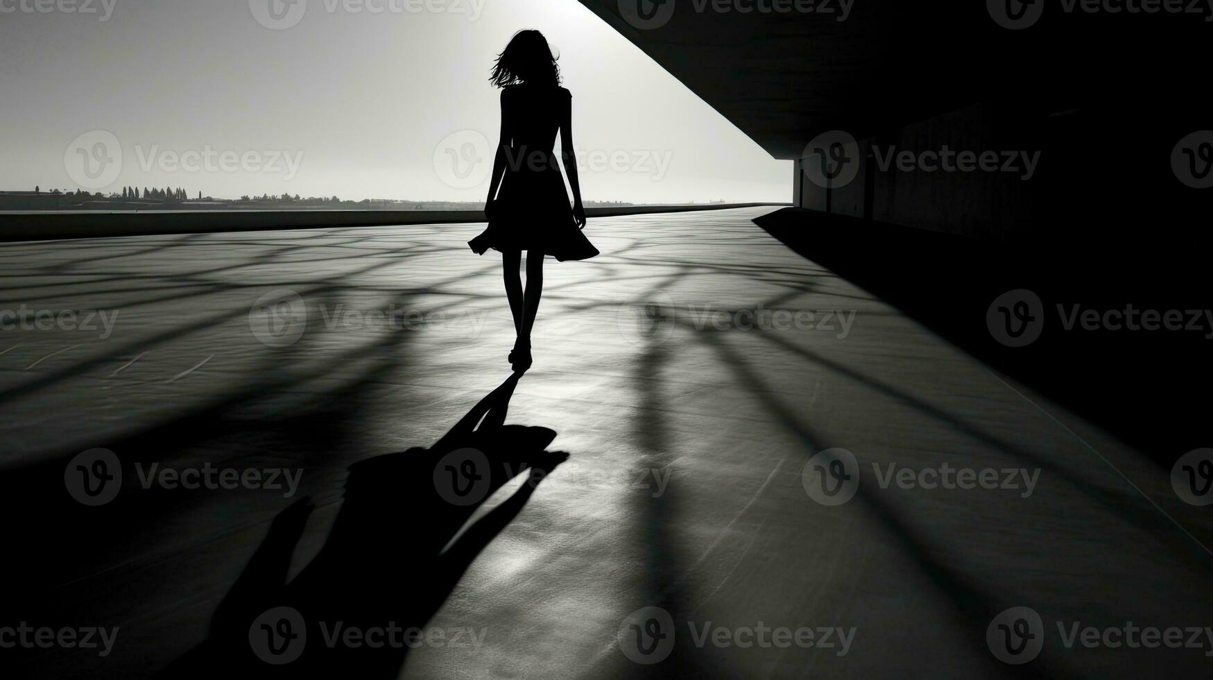 Black and white shadows on a bright road with a girl walking photo