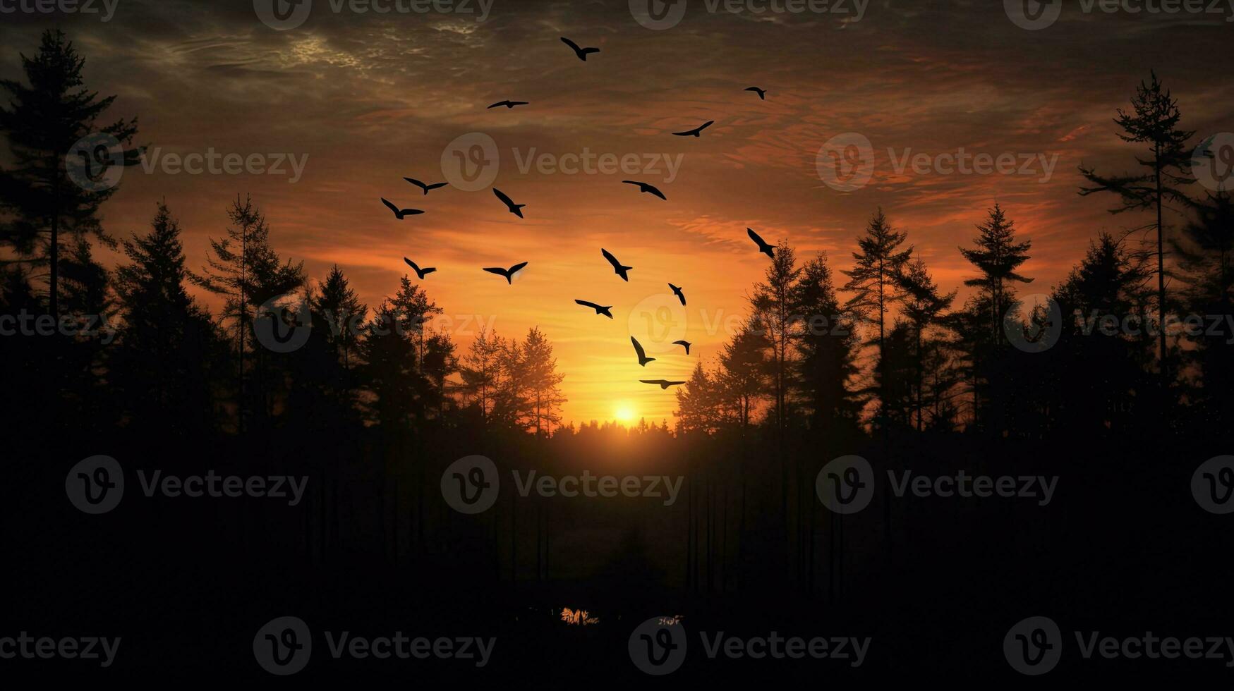 Birds flying over a forest during sunset s silhouette photo