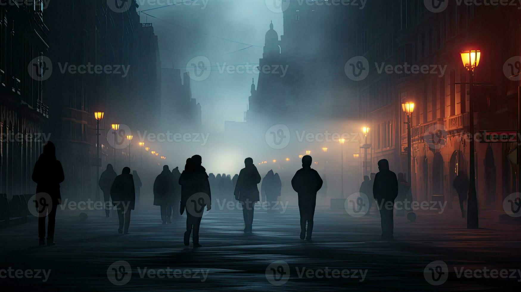 Foggy Bilbao streets with people walking in Spain photo