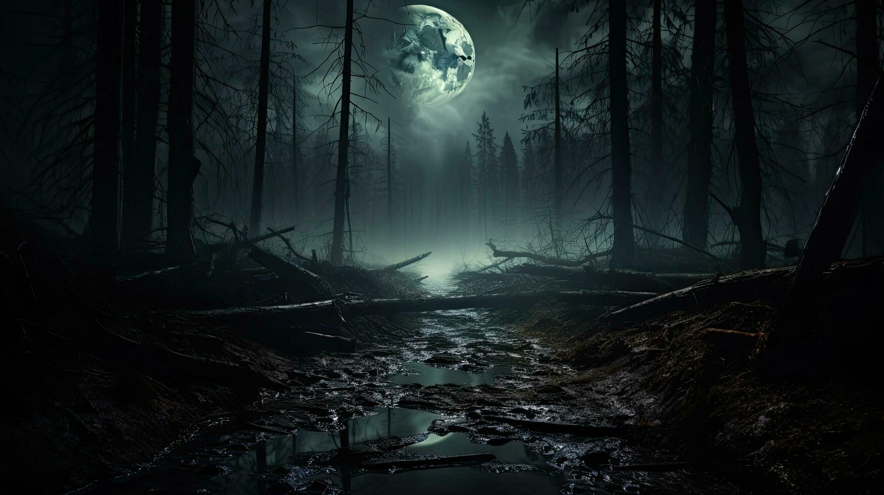 Mysterious forest with a moonlit path fog and a Halloween backdrop hint