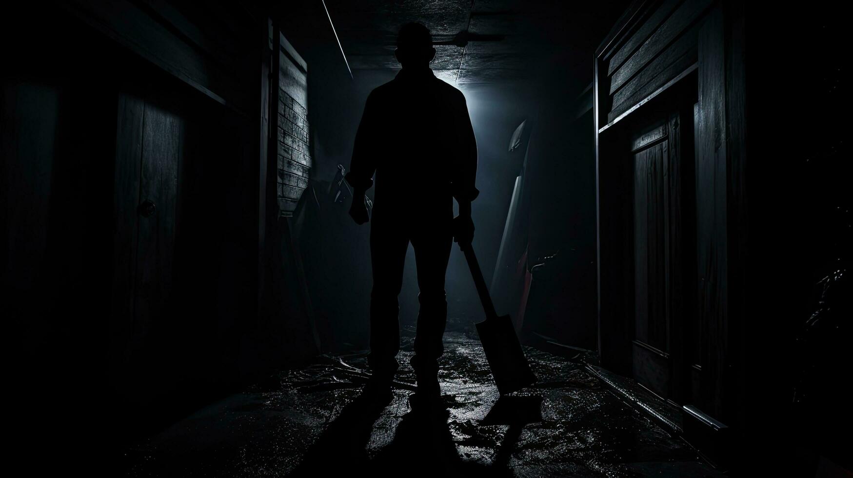 Dark hallway with man holding axe creates terrifying murder scenes photo