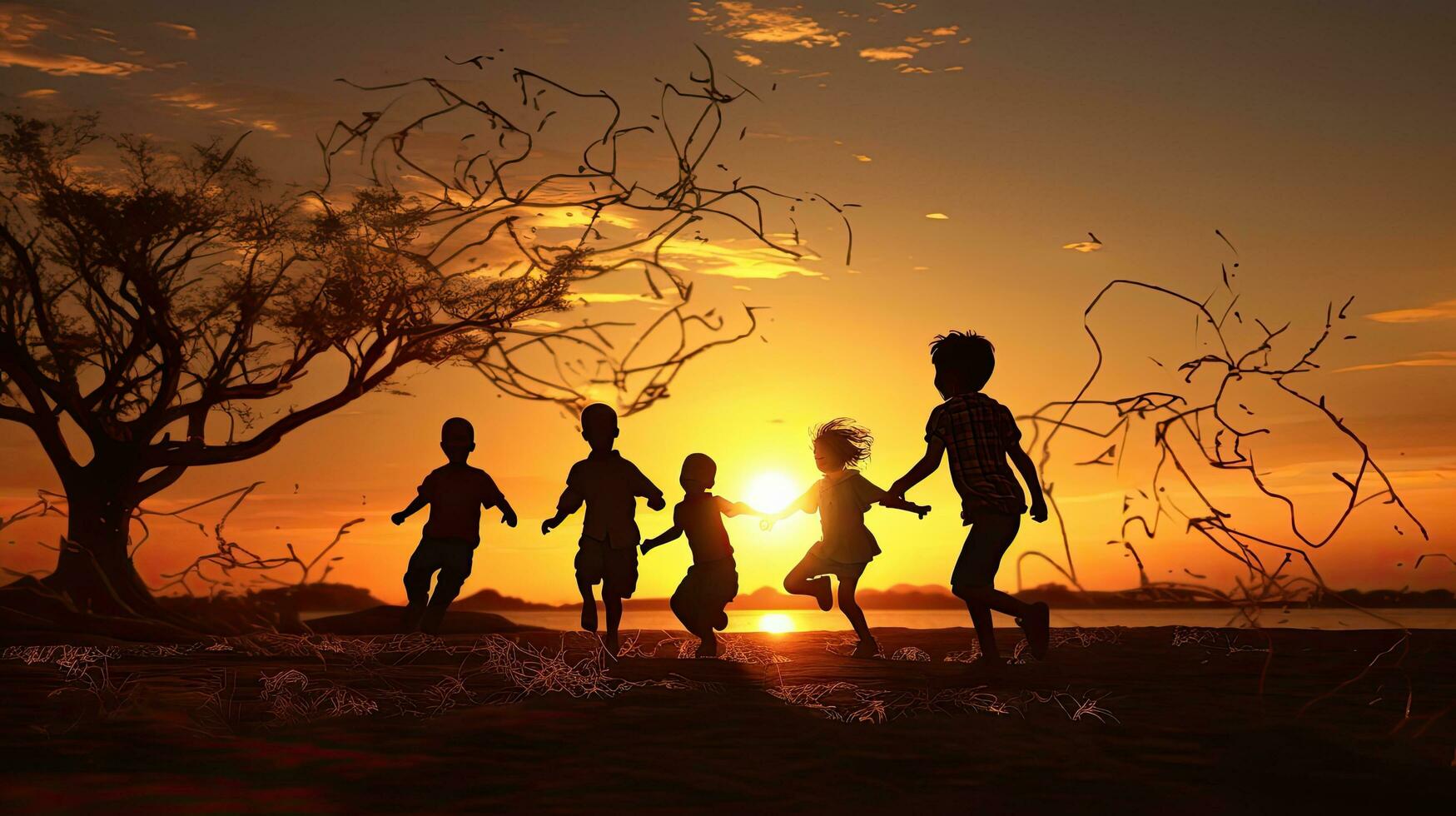 Kids enjoying the sunset silhouettes full of freedom and happiness photo