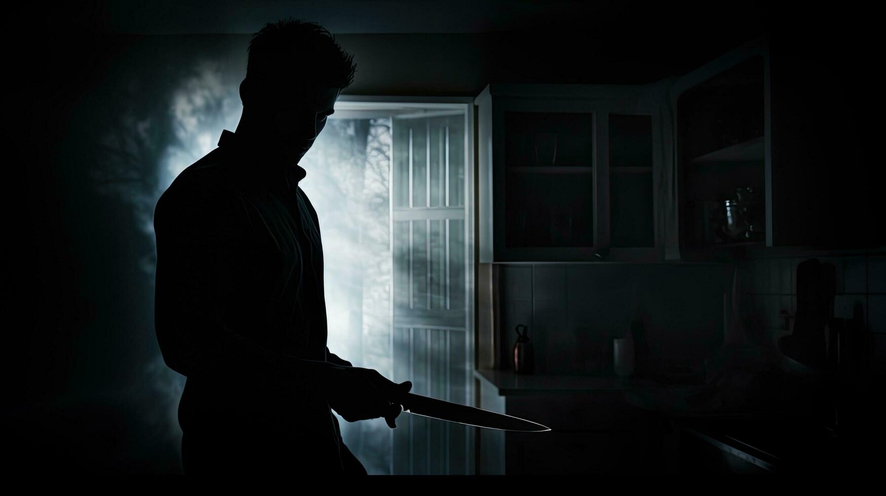 Man holding knife through frosted glass criminal or intruder photo