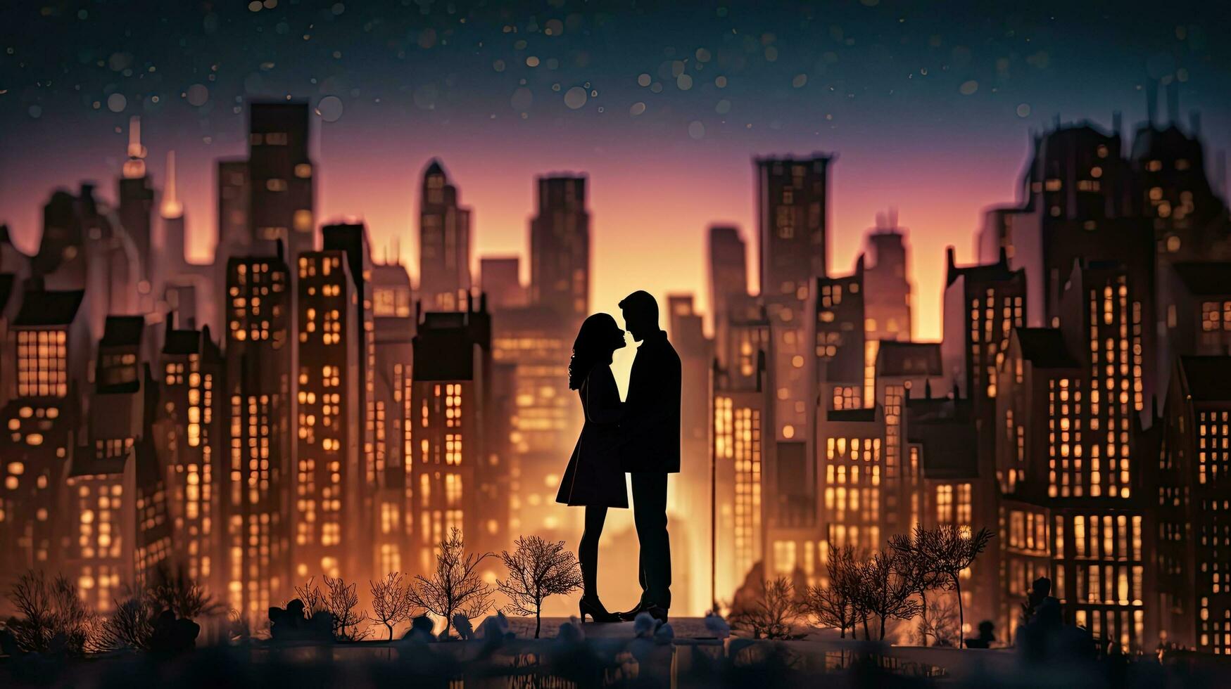 romántico siluetas en frente de un Noche paisaje urbano presentando miniaturas de realista edificios con luces en un dibujos animados estilo foto