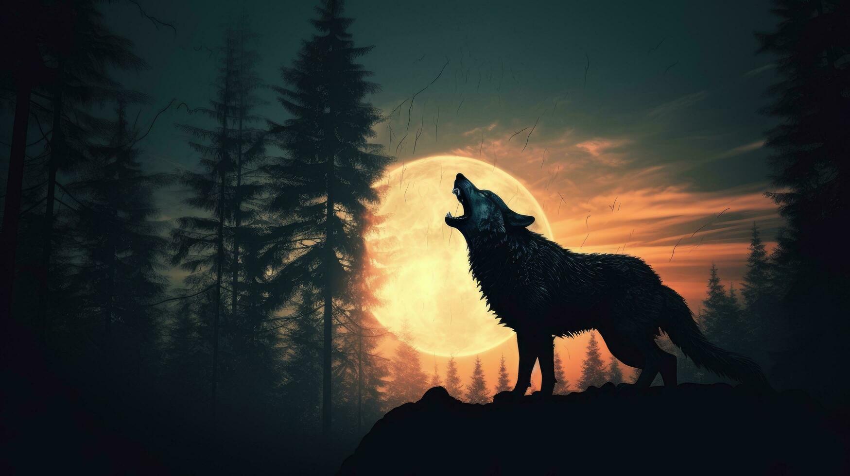 artístico decoración presentando selectivo atención en un silueta de un lobo clamoroso en contra un de luna cielo y estéril bosque foto