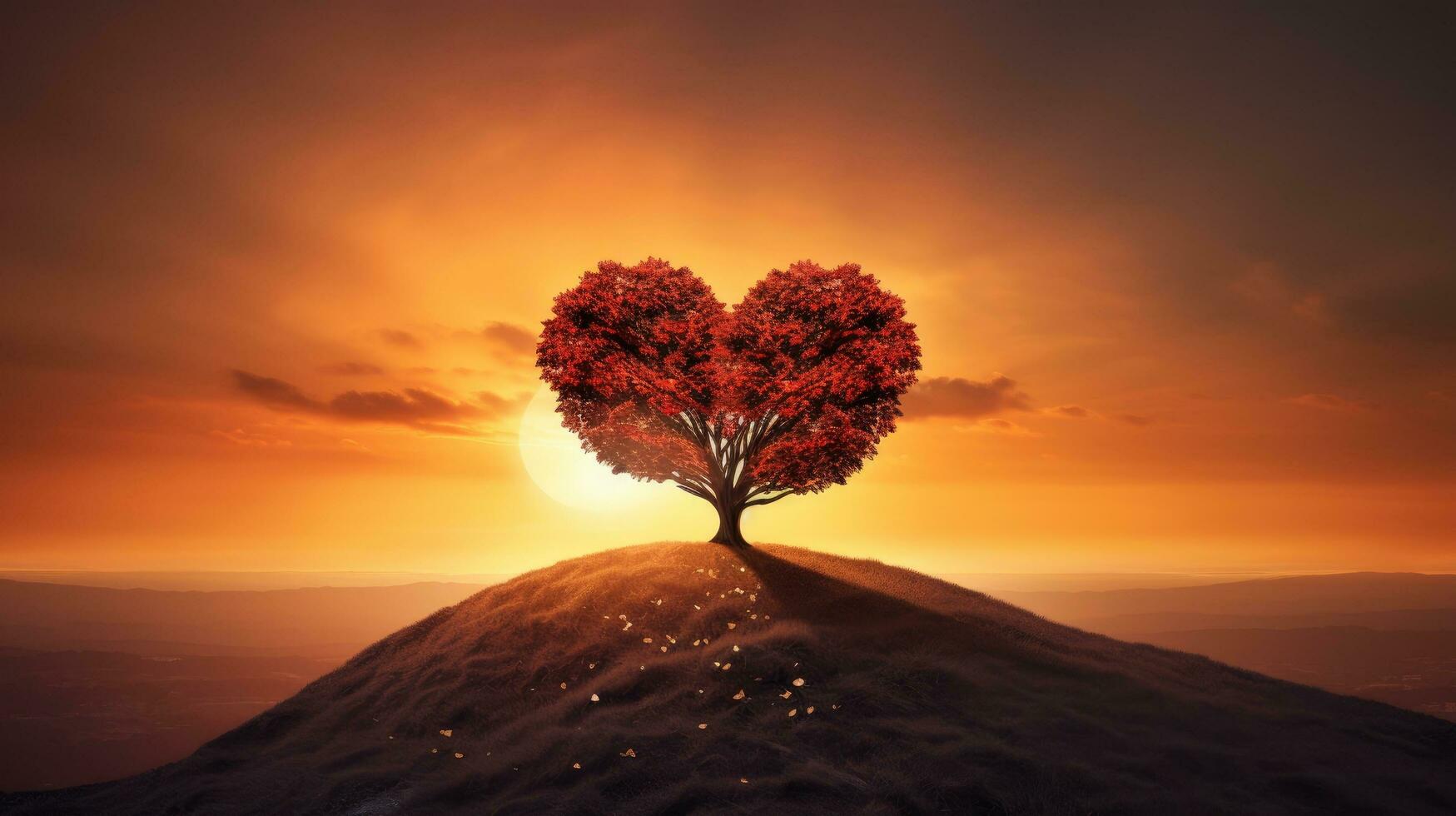 Tree silhouette atop sunlit mound heart shaped symbolizing love photo