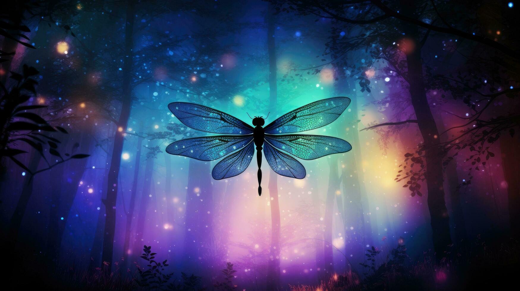 Fairy tale idea Dragonfly and Firefly silhouettes in the enchanted forest at night photo