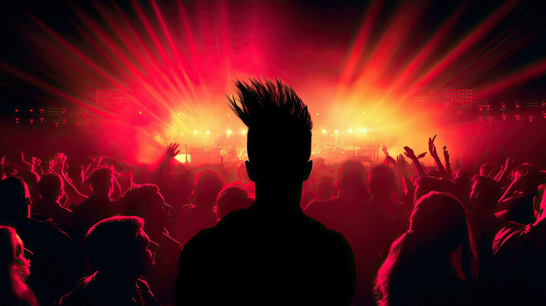 Silhouettes of concertgoers with punk hair illuminated by stage lights photo