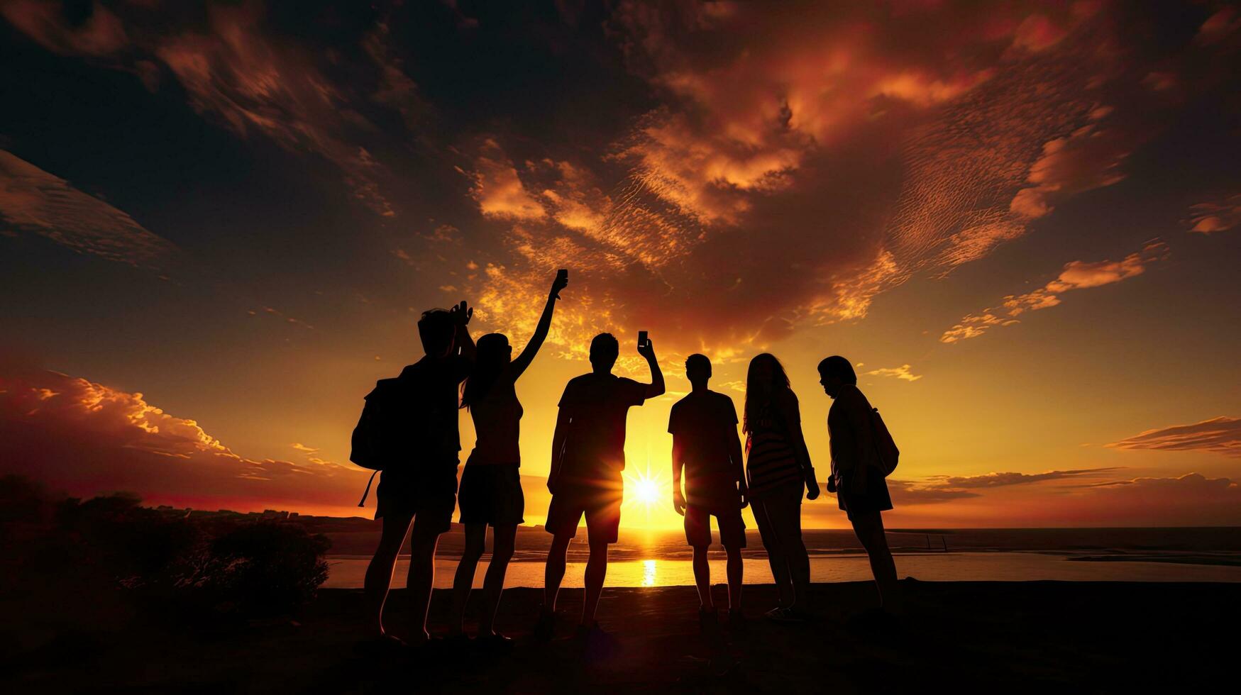 Group of friends taking a selfie at sunset at Maspalomas lighthouse Spain photo