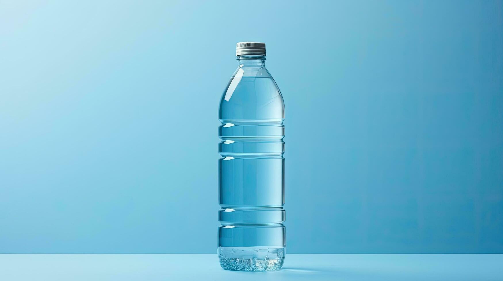 Product packaging of plastic water bottle isolated on blue background photo