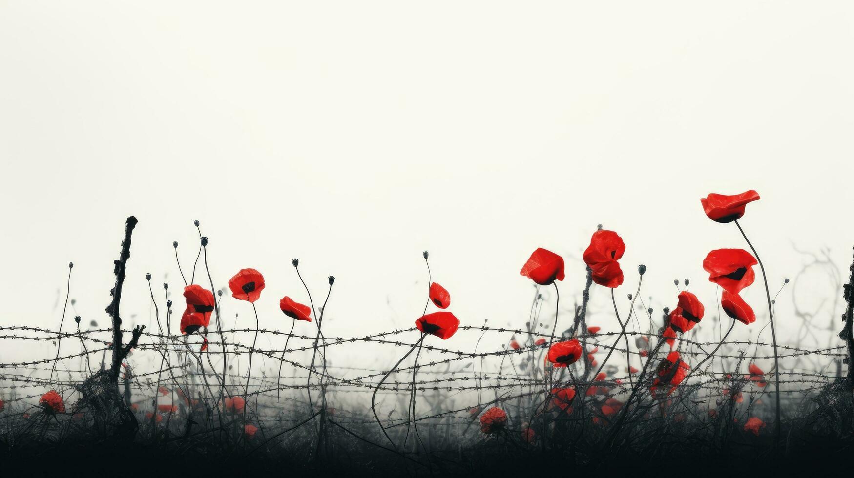 An art installation featuring red poppies amidst barbed wire symbolizing the victims of two world wars against a white sky with empty area photo