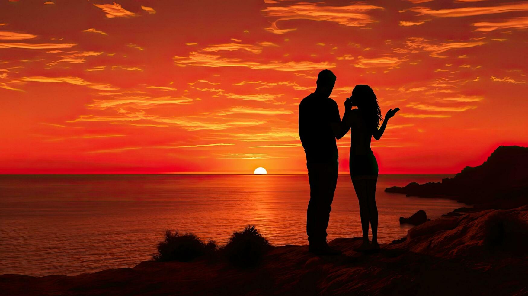 Unforgettable romantic moment as a non recognizable couple takes a selfie with a smartphone at a famous sunset point in Sardinia Italy photo