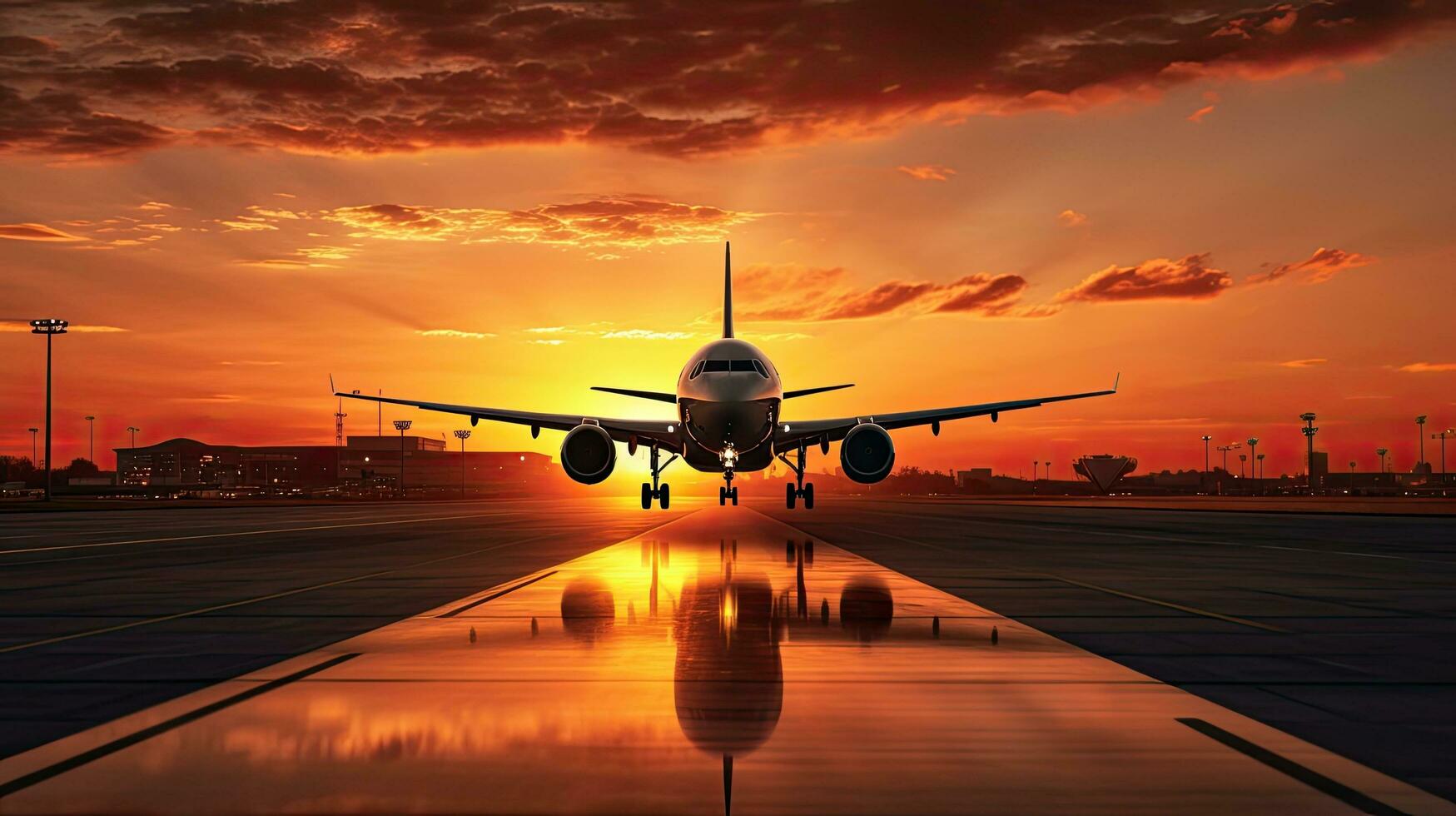 avión aterrizaje a aeropuerto durante puesta de sol con silueta foto