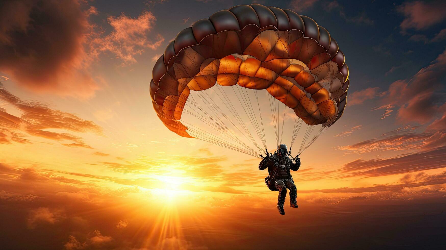 A solitary parachuter gracefully glides through the vibrant sky outlined by the setting sun photo