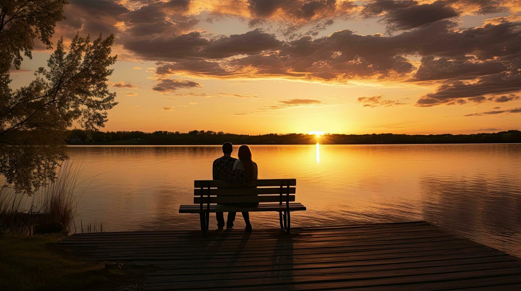 Two people sitting on a bench on a dock admiring the sunset over a lovely lake in Minnesota on a calm and peaceful evening in golden hour photo