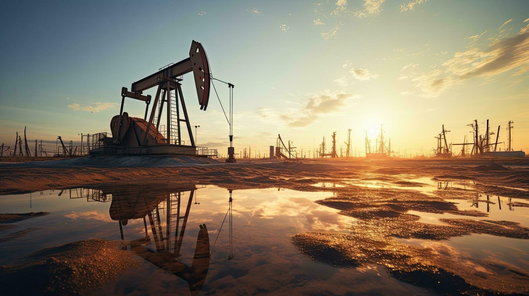 At twilight oil pumps work as their silhouette reflects against the water creating a beautiful scene photo