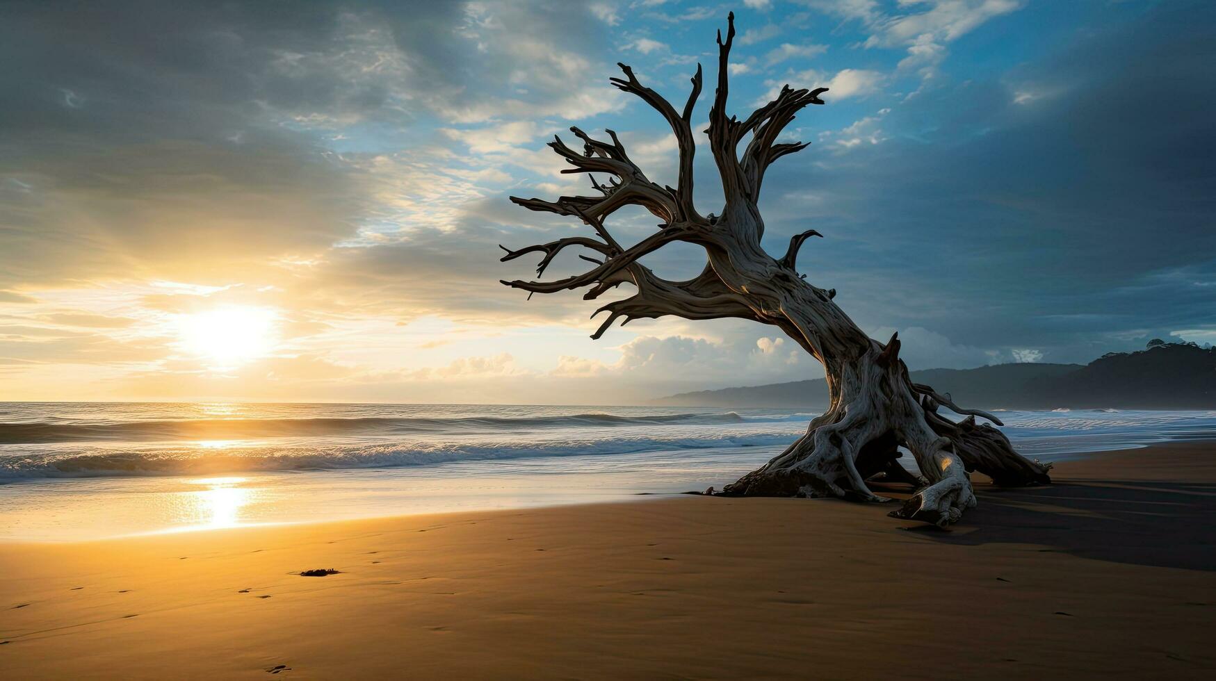Outline of ancient tree branch extending against sky on Costa Rican shoreline photo