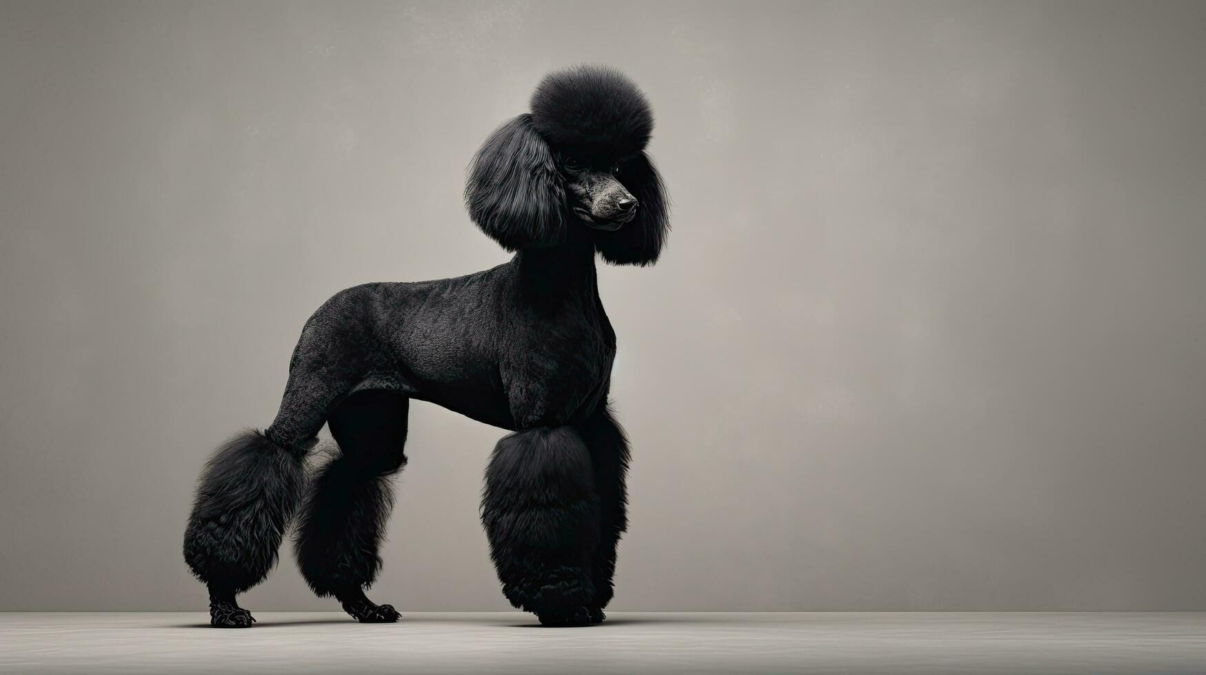 Black poodle standing in studio on gray background photo