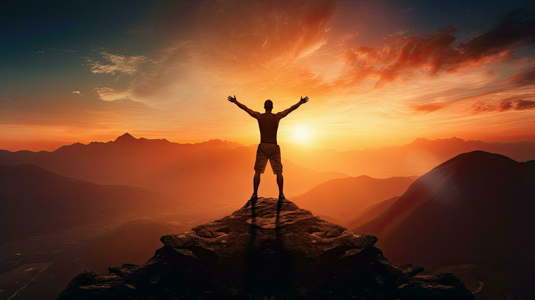 Man doing sunset exercise on mountain silhouette photo