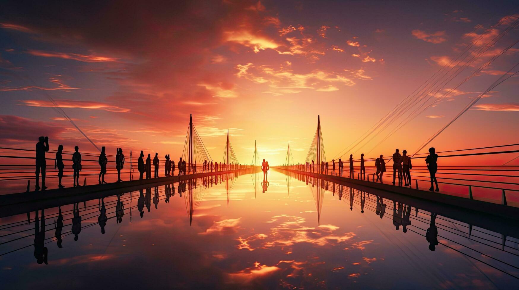 Many tourists walking on the cable stayed bridge create a beautiful silhouette against a dreamy sunset photo