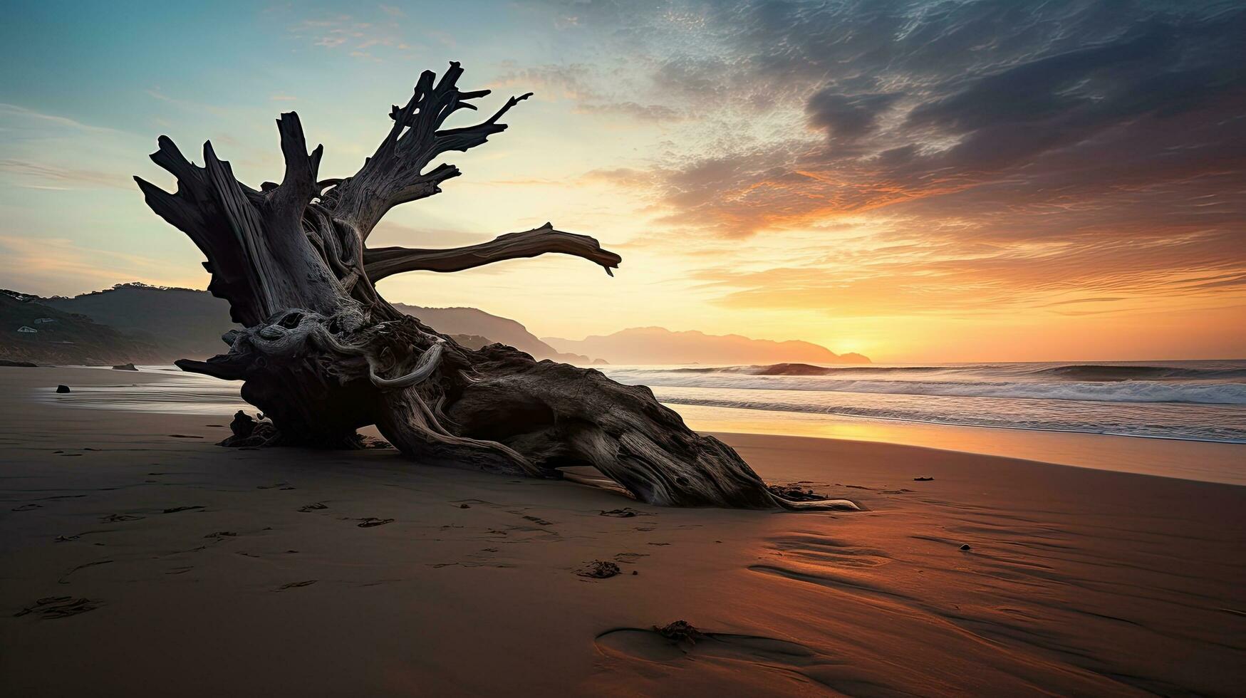 Outline of ancient tree branch extending against sky on Costa Rican shoreline photo