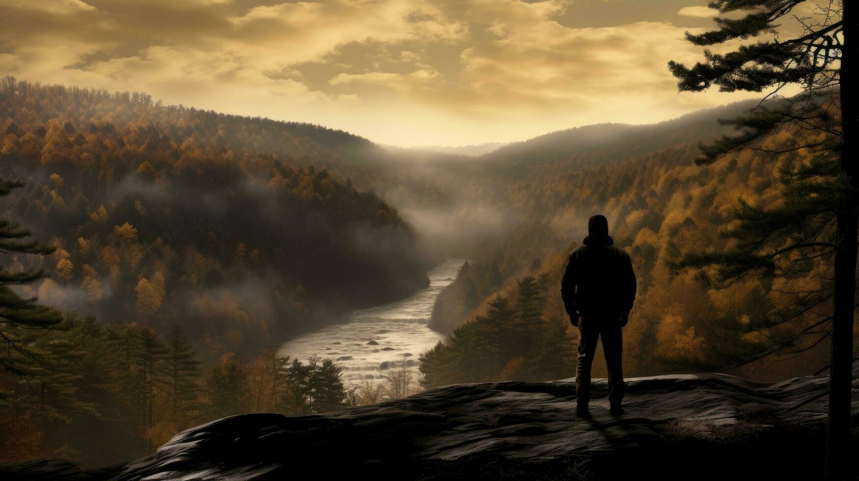 A man stands on an overlook at Blackwater Falls State Park in the Allegheny Mountains West Virginia USA observing a 62 foot cascade waterfall during late Autumn in November photo