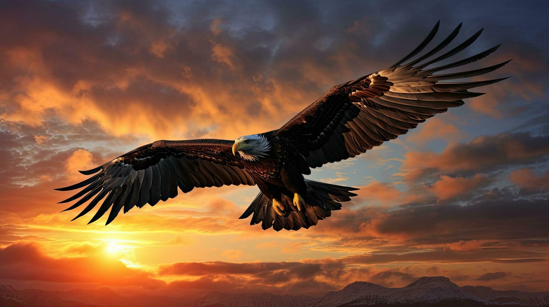 Silhouette of majestic sea eagle flying at sunrise in Hokkaido Japan isolated bird silhouette against colorful sky and clouds as wallpaper photo