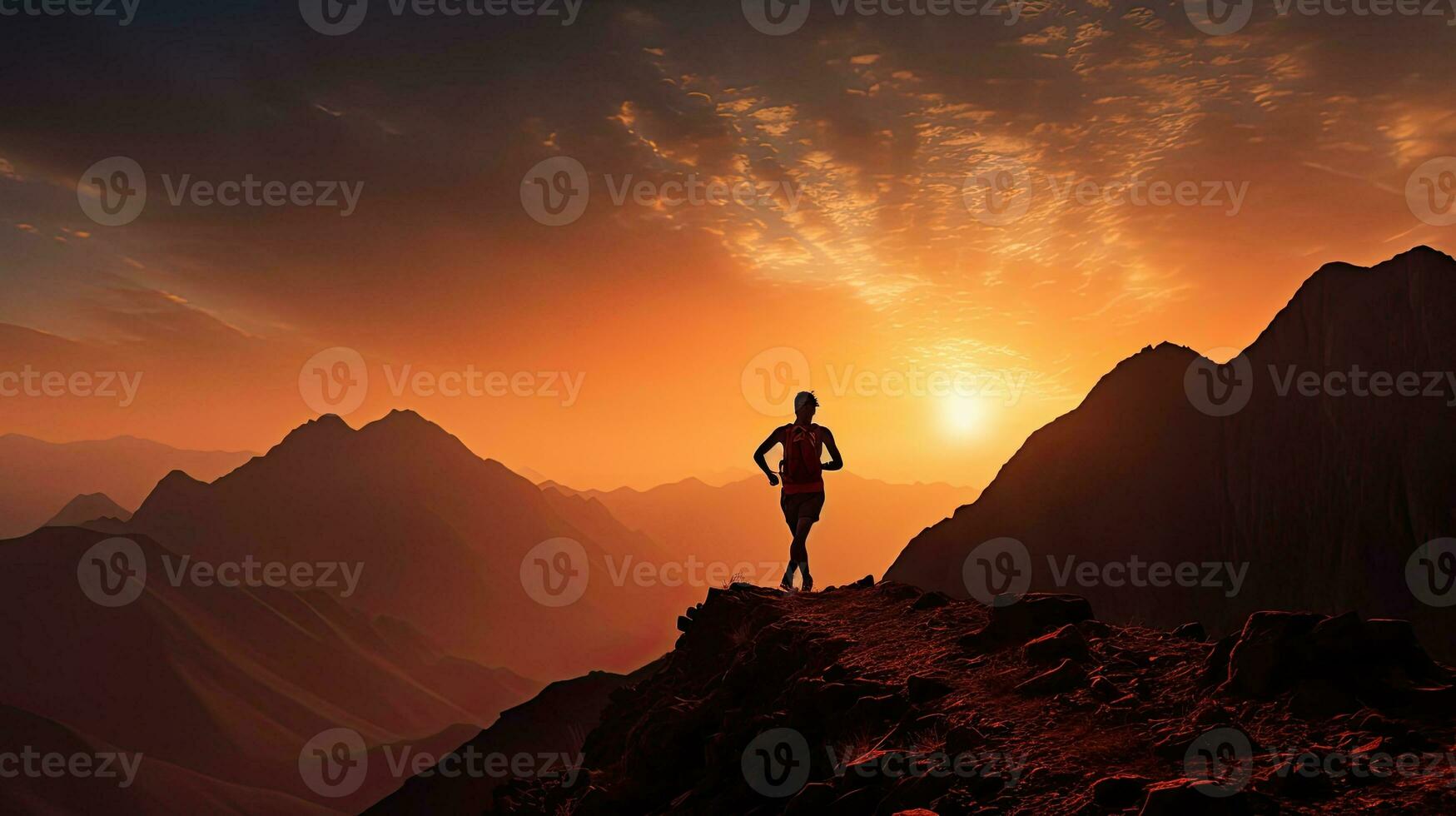 Hiker silhouette sprinting in Ras Al Khaimah mountain photo