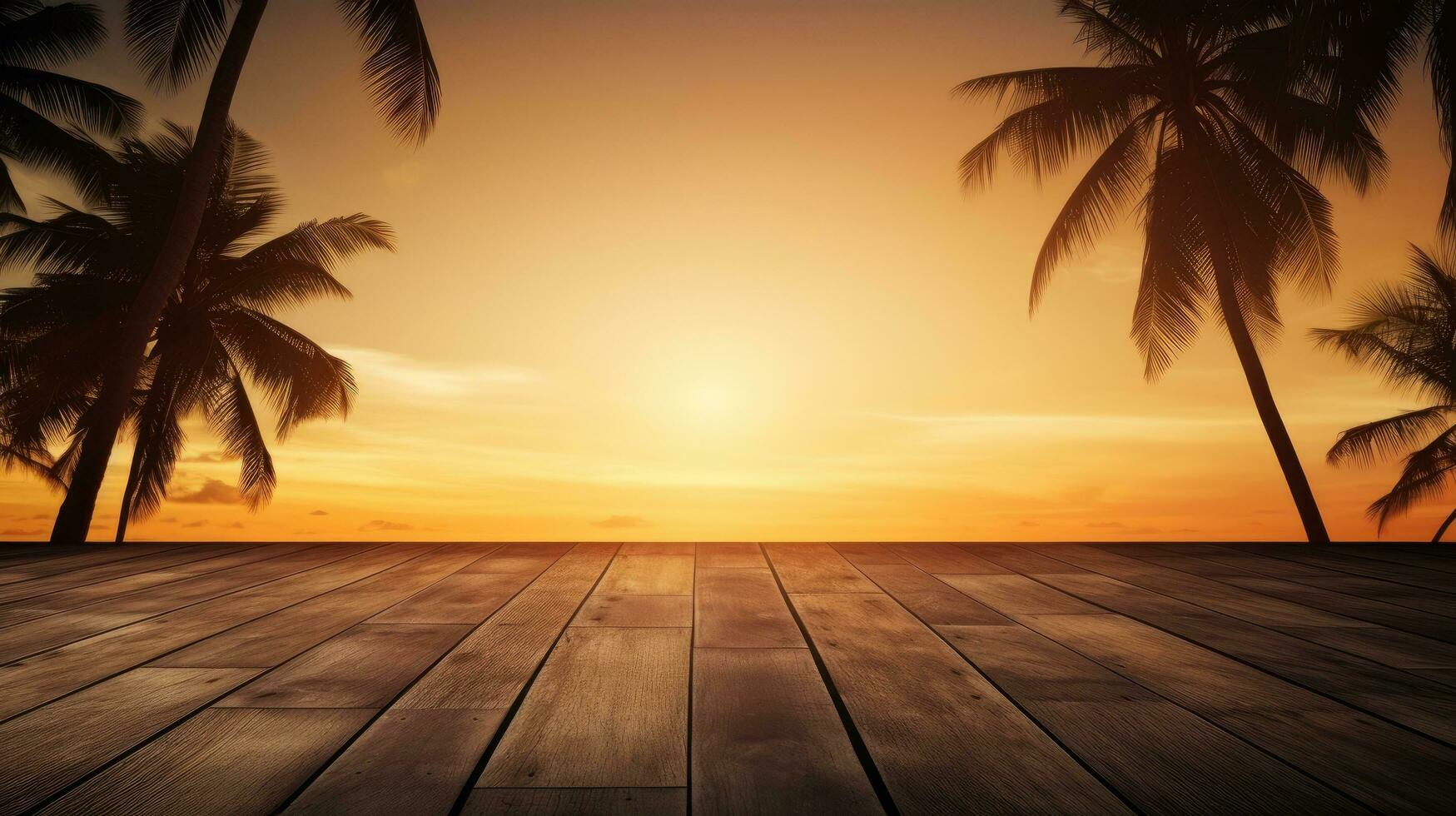 Wooden table against glowing sky with silhouette of coconut tree photo