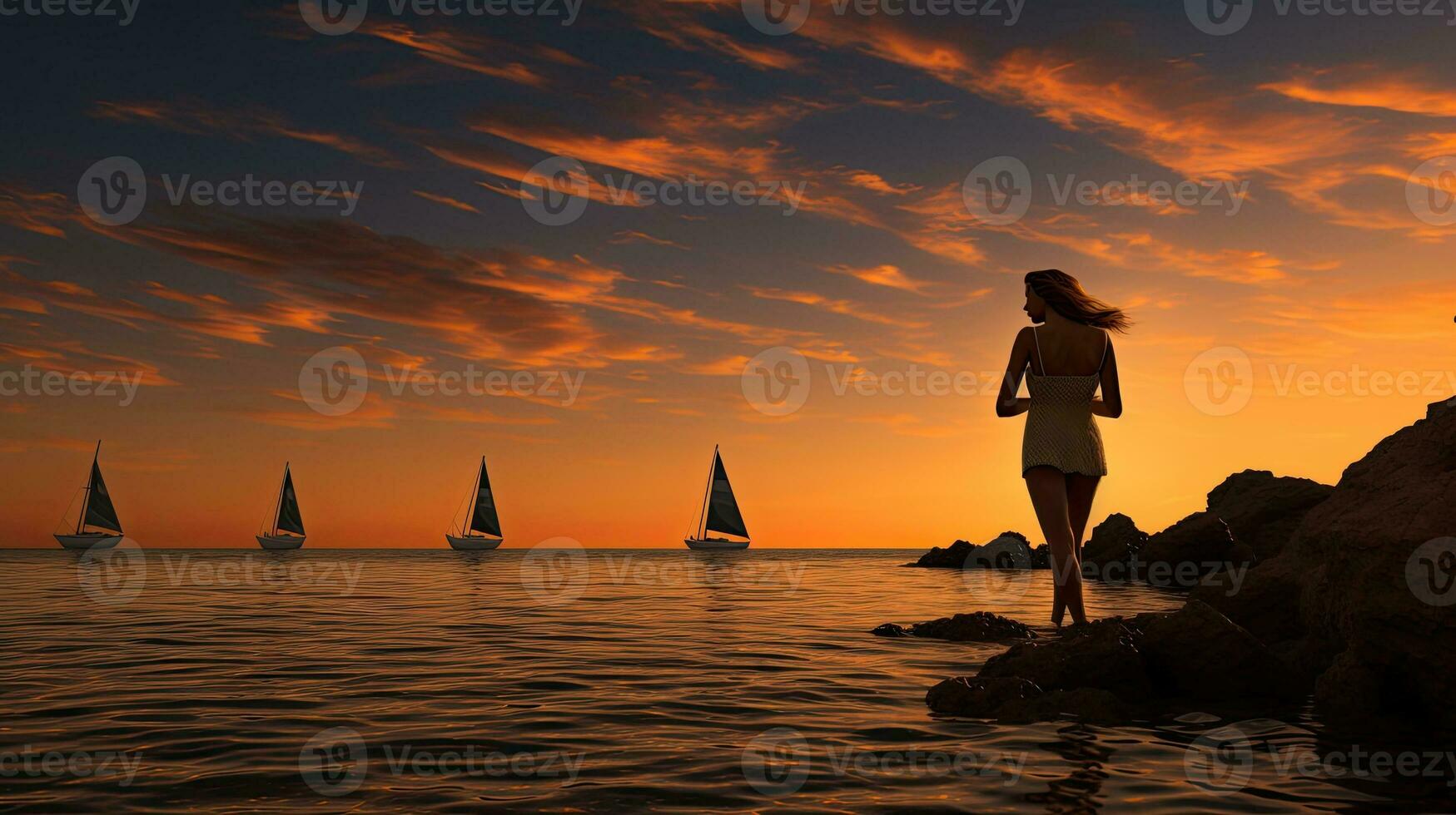 Atmospheric sunset in Sicily with a woman bathing and a sailing boat photo